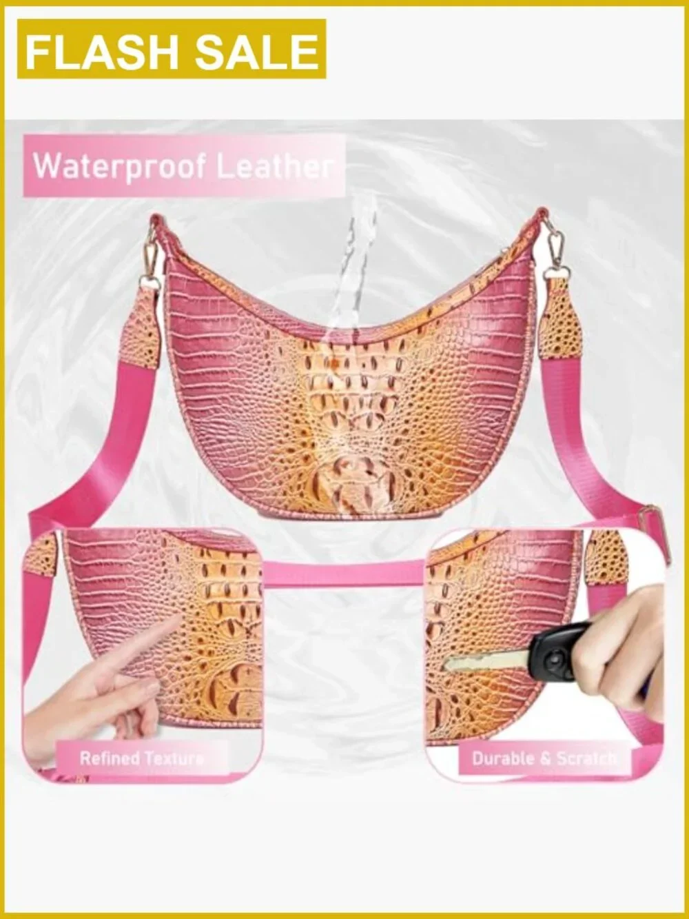 Croco Embossed Vegan Leather Crossbody Hobo Bag Crescent Shoulder Purse